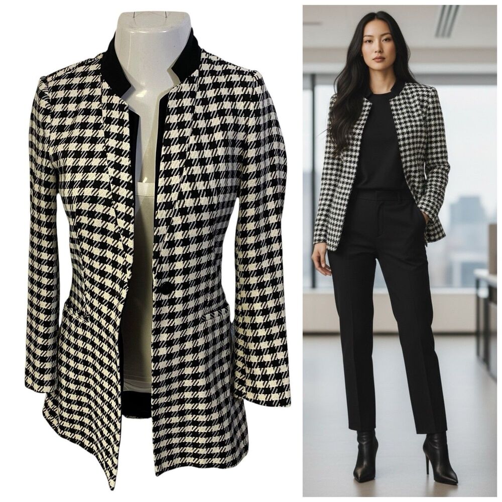 Zara Basic Blazer Womens Small Houndstooth Jacket Workwear Business Casual Spain
